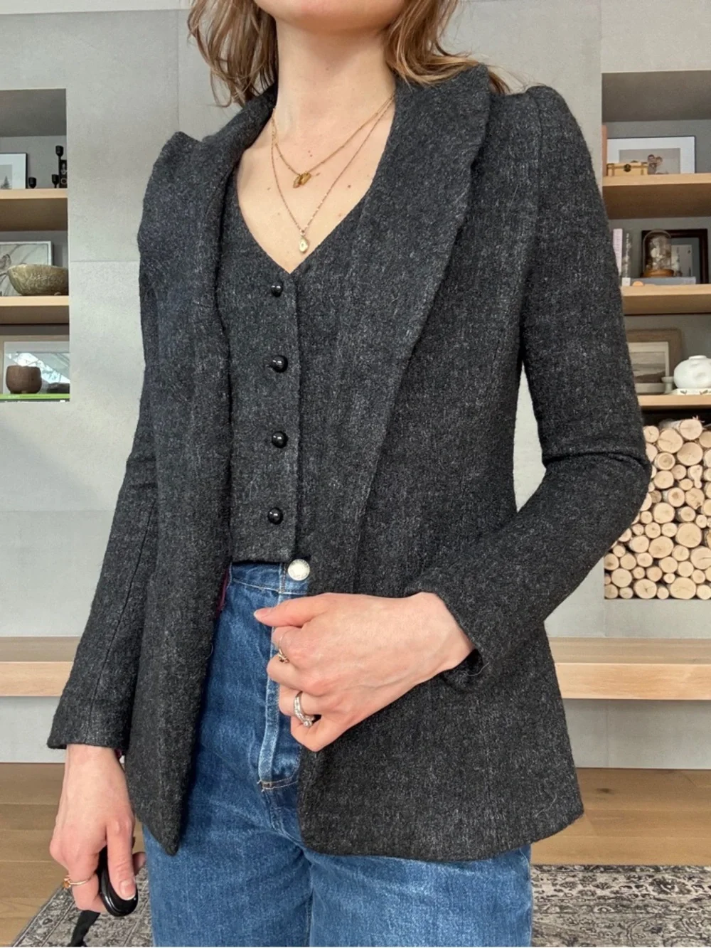 Vintage Edwardian style Charcoal grey Blazer w waistcoat vest xs academia - Picture 3 of 16